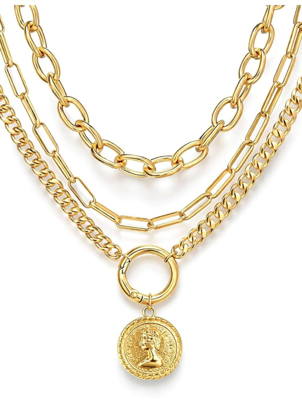 Vintage Gold Layered Necklaces for Women Trendy, Chunky Cuban Link Paperclip Cha - Picture 2 of 9